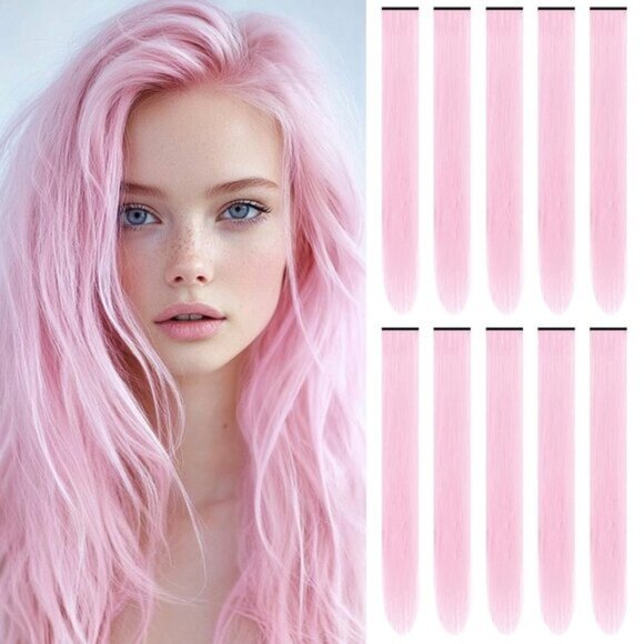 New 10PCS 22" Synthetic Light Pink Colour Highlights Clip-in Hair Extensions